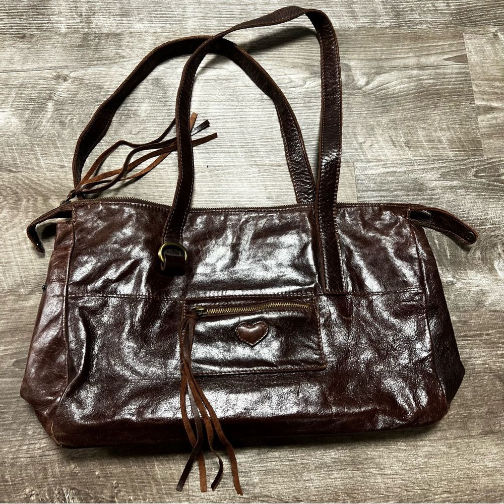 Dark Brown Leather Shoulder Bag with Heart Zip Pocket